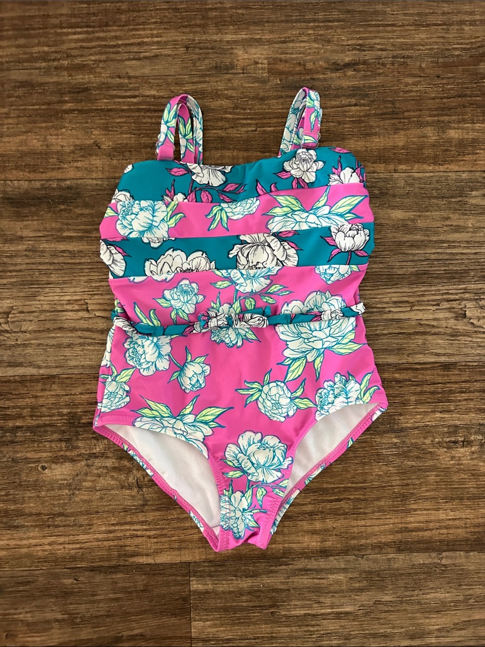 Justice Girls Pink and Teal Floral One-Piece Swimsuit